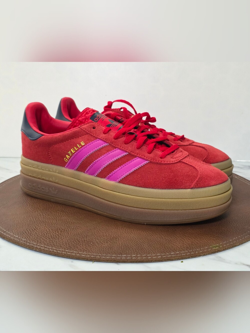 adidas Gazelle Platform Sneakers in Red with Pink Stripes - Picture 3 of 9